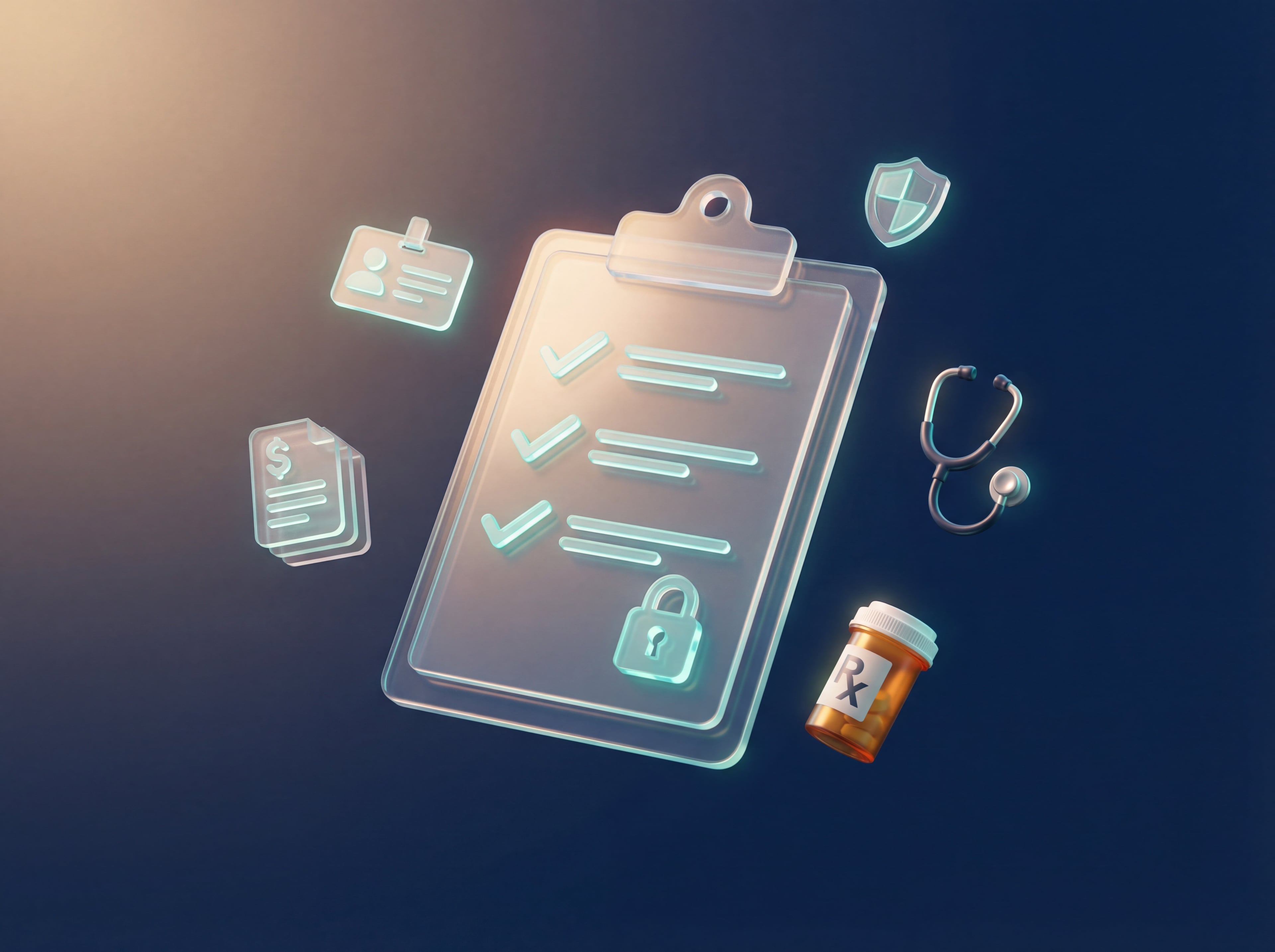 Secure clipboard with eligibility checklist — income level, insurance status, valid prescription, and residency requirements for prescription assistance programs