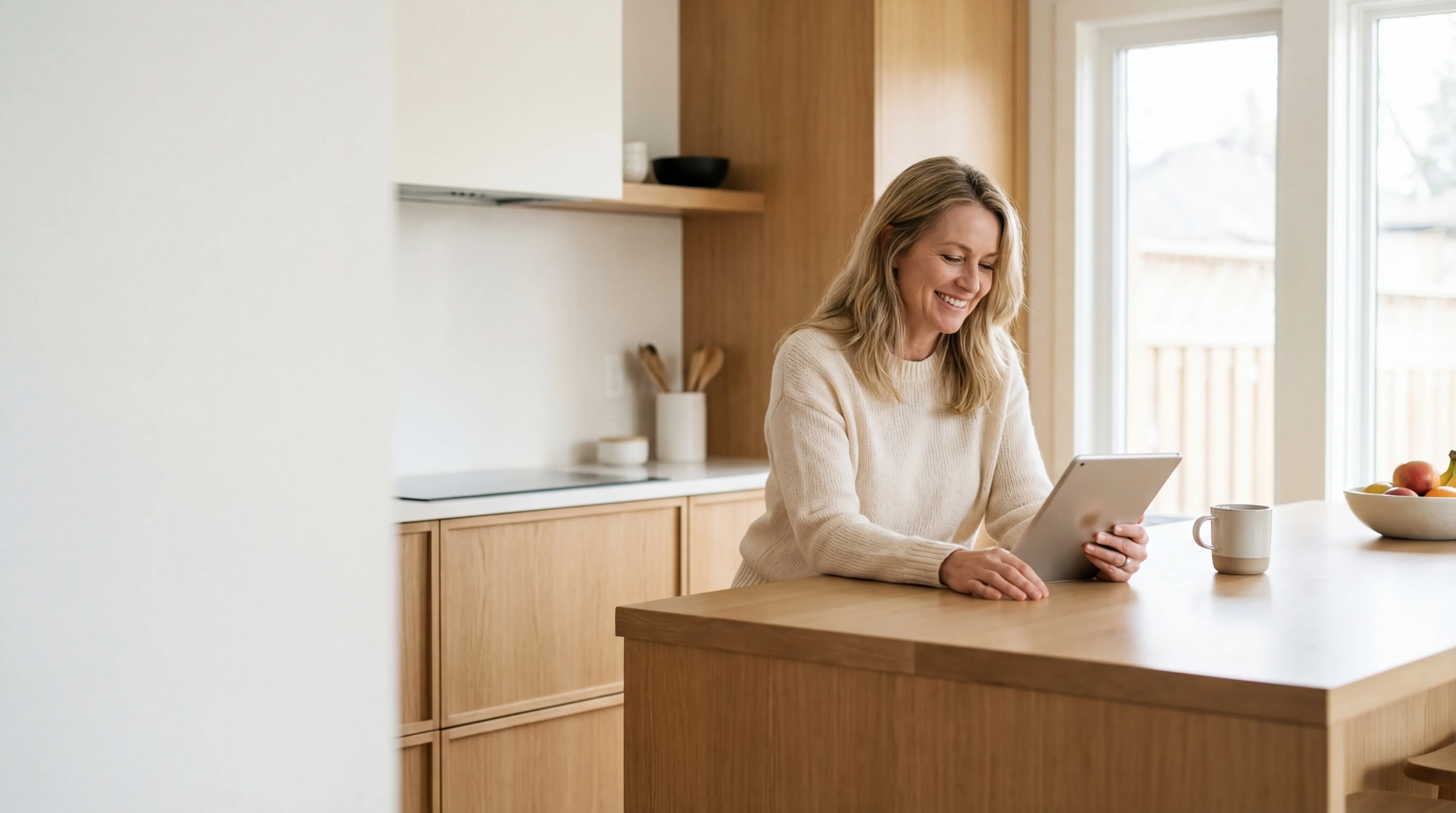 Person calmly reviewing prescription assistance pricing options on a tablet — transparent monthly service fee